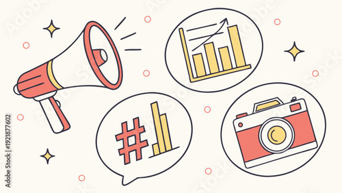 Megaphone Announcing Social Media Hashtag Analytics and Photography for Digital Promotion Success