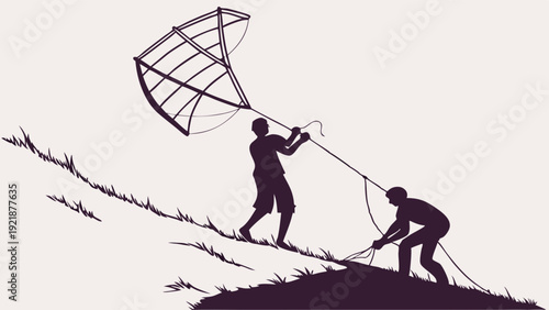 Two Silhouettes Launching Large Kite on Grassy Hillside for Outdoor Recreation and Summer Fun