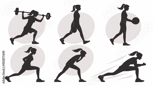 Female Fitness Silhouettes Performing Lunges Weightlifting and Ball Exercises for Workout App Design or Gym Promotion