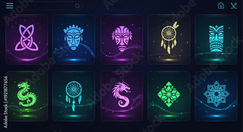 Collection of glowing mystical symbols and tribal masks.