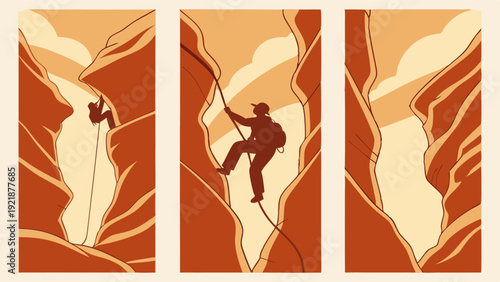 Adventurous Climbers Rappelling Down Deep Desert Canyon Walls for Outdoor Adventure Travel Web Design and Extreme Sports Promotion