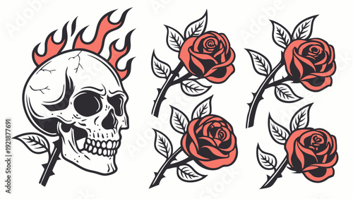 Flaming Skull and Roses Tattoo Flash Set for Apparel Design Rock Music Merch Graphic T-Shirt Print Vintage Edgy Style (138 characters)