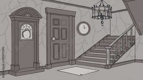 Spooky Haunted House Entryway Foyer with Cobwebs Chandelier and Staircase for Halloween Design Projects