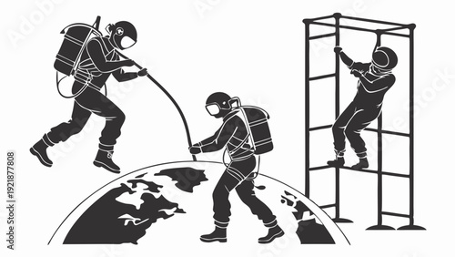 Astronauts in Space Suits Training for Exploration Climbing Ropes and Ladders for Future Missions and Science