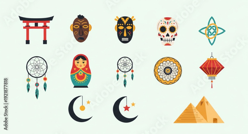 Collection of cultural symbols and icons from around the world.