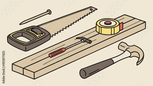 Carpentry Tools Saw Hammer Nail Measuring Tape on Wood Plank for DIY Home Repair Projects Construction Illustration