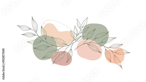 Minimalist illustration of a leafy branch with green and peach-colored leaves on a white background.
