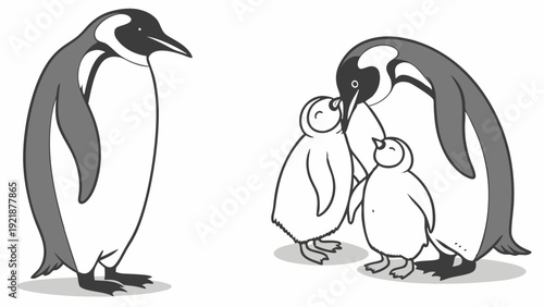 Emperor Penguin Family Nurturing Chicks Antarctic Wildlife Illustration for Nature Education and Parental Care Themes