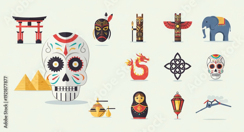 Collection of cultural symbols and icons from around the world.