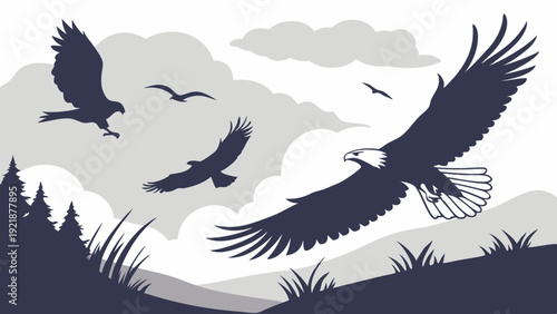Majestic Bald Eagles Soaring Over Wilderness Landscape for Nature Wildlife Freedom Design Projects