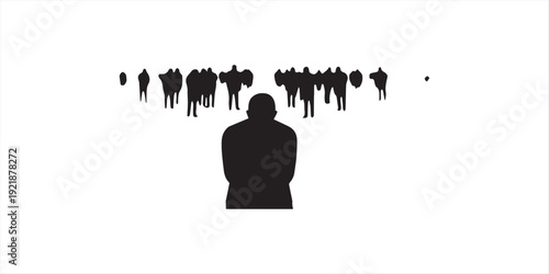 Loneliness amidst a crowd of people in a public setting isolated on white background, Vector, illustration