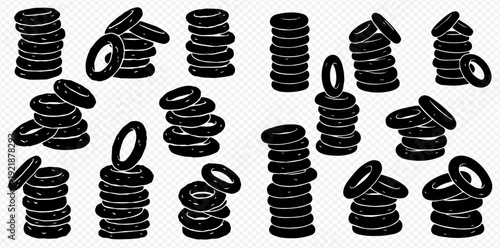 A collection of various car tire stacks in a black silhouette hand-drawn style on a transparent background.