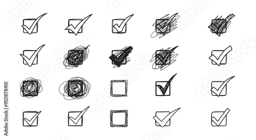 Check Mark Doodle Icons and Sketchy Squares on a Black Background for Various Selections