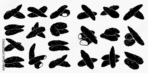 Set of hand-drawn cassava root silhouettes in various arrangements on a transparent background.