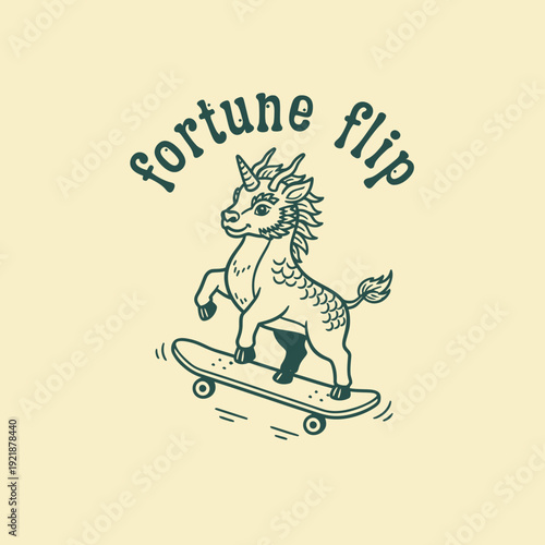 Mythical creature unicorn dragon hybrid riding skateboard with text fortune flip.