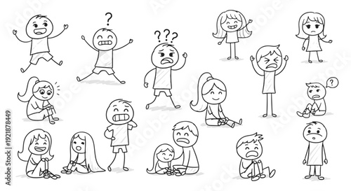 Children Stick Figures Displaying Diverse Emotions and Playful Poses on a Black Background