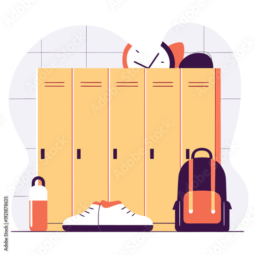 School lockers with shoes, backpack, and water bottle in hallway  