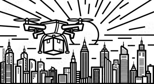 Drone delivering package over city skyline illustration.
