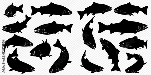 A collection of black salmon fish silhouettes in various dynamic swimming and jumping poses.