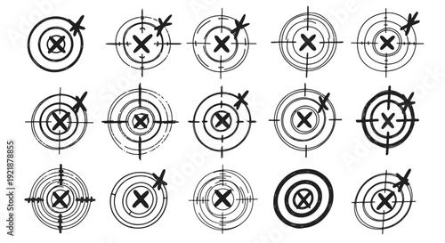 Target Crosshairs with Concentric Circles and Grunge Style Hit Marks Artistic Collection