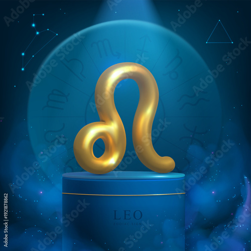 Magic blue showcase background with 3d podium and golden astrology Leo zodiac sign. Astrology wheel. Vector illustration