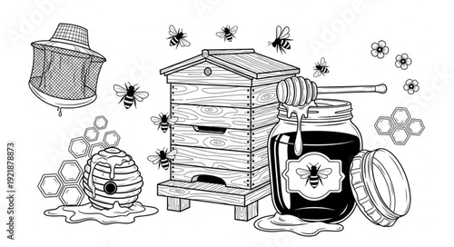 Hand drawn illustration of beekeeping equipment and honey.