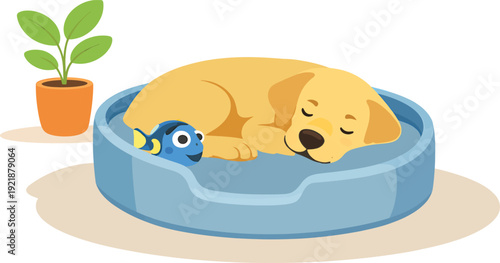 Cute golden retriever puppy resting on soft cushion bed with toy fish in cozy home interior flat vector illustration.