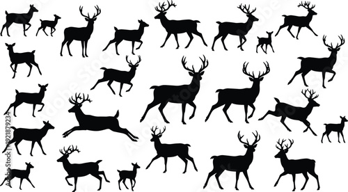Black deer silhouettes collection featuring antlered and non‑antlered poses in standing, walking, running, and leaping positions, ideal for wildlife design, illustration, and educational projects