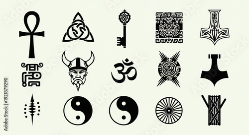 Collection of ancient symbols and cultural icons.