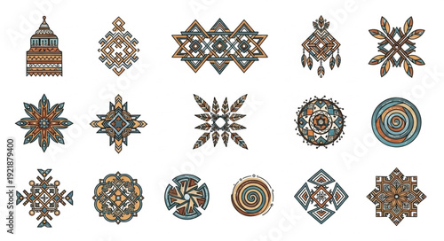 Collection of intricate ethnic ornamental patterns and symbols.