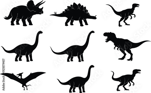 Dinosaur silhouettes collection featuring Triceratops, Stegosaurus, Velociraptor, Brachiosaurus, Apatosaurus, Tyrannosaurus rex, Pteranodon, and Diplodocus, ideal for prehistoric design