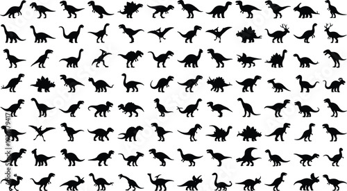 Dinosaur silhouette collection featuring diverse prehistoric species and poses, educational illustration design for stock images, paleontology artwork, creative decorative pattern background