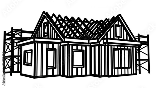 House Under Construction with Scaffolding and Roof Trusses.