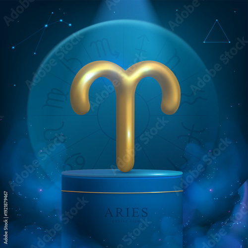 Magic blue showcase background with 3d podium and golden astrology Aries zodiac sign. Astrology wheel. Vector illustration