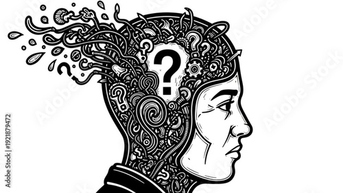 Illustration of a human head with a question mark inside and abstract thoughts emerging.