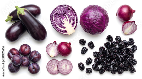 Top-down view of a vibrant purple and black fruit and vegetable collection, featuring eggplants, red cabbage, plums, red onions, and blackberries, isolated on a white background.