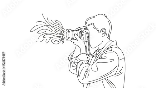 Illustrative sketch of a photographer taking a picture with a flash.