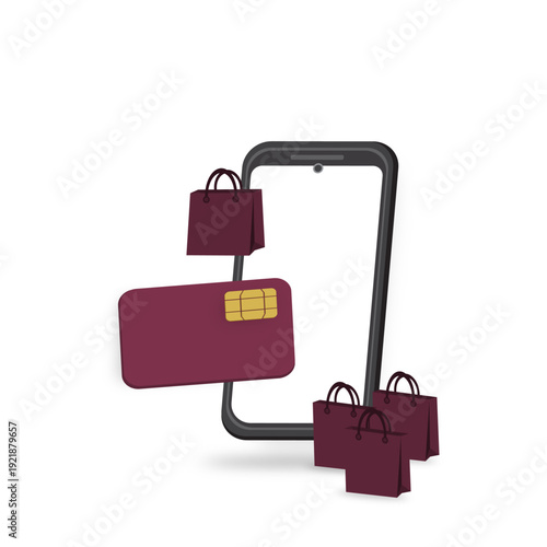Mobile shopping concept vector with smartphone, credit card, and shopping bags. Illustration of ecommerce payment, online purchase, and digital retail transaction. Modern fintech and cashless shopping