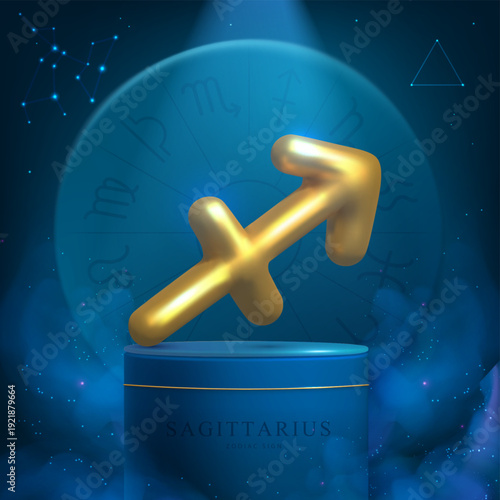 Magic blue showcase background with 3d podium and golden astrology Sagittarius zodiac sign. Astrology wheel. Vector illustration