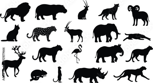 Wildlife animal silhouettes featuring lion, elephant, rhinoceros, crocodile, deer, flamingo, and more, biodiversity illustration for education, nature design, and animal recognition references