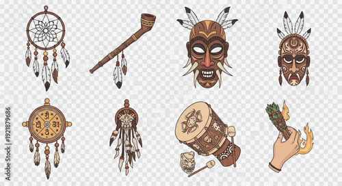 Collection of Native American tribal artifacts and symbols.