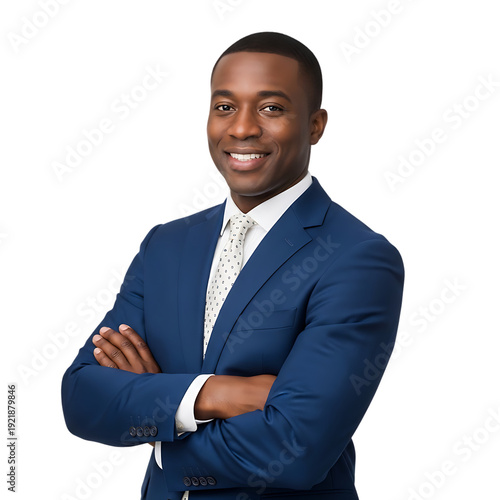 Confident African American businessman in blue suit with arms crossed, smiling professional corporate executive portrait isolated on transparent background