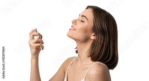Young woman applying facial mist spray skincare routine, beauty and wellness concept, fresh healthy skin, profile view, natural makeup, isolated on transparent background