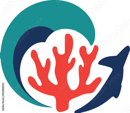 Vibrant coral reef with shark and wave in ocean conservation symbol
