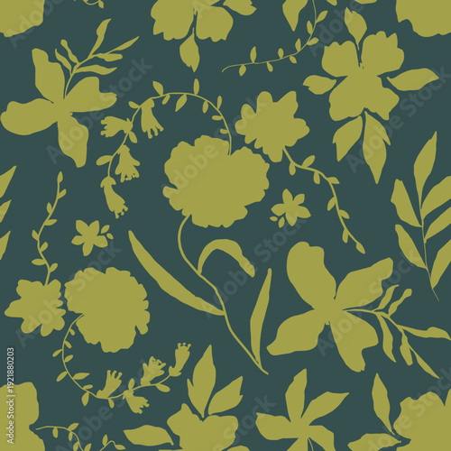 Hand Drawing Abstract Two Colors  Exotic Peony Poppy Mix Flowers and Leaves Repeating Vector Pattern Isolated Background