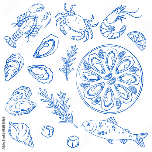 Mediterranean modern hand drawn sketch style illustrations. Sea food illustration, Mediterranean cuisine