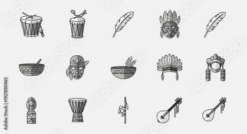 Collection of Vintage Hand Drawn Cultural Artifacts and Instruments.