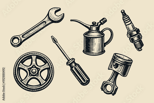 Car mechanic tools vintage engraving style vector illustration