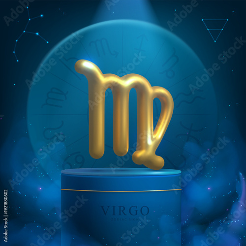 Magic blue showcase background with 3d podium and golden astrology Virgo zodiac sign. Astrology wheel. Vector illustration