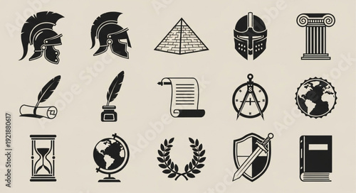 Collection of historical icons and symbols representing ancient civilizations.